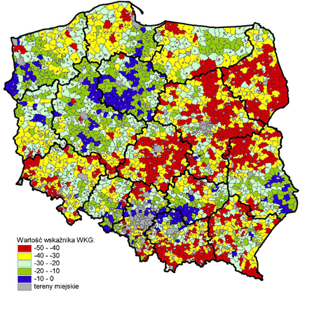 Przestrzenne zróżnicowanie (WKG) w gminach Udział gleb kwaśnych. Źródło IUNG Puławy